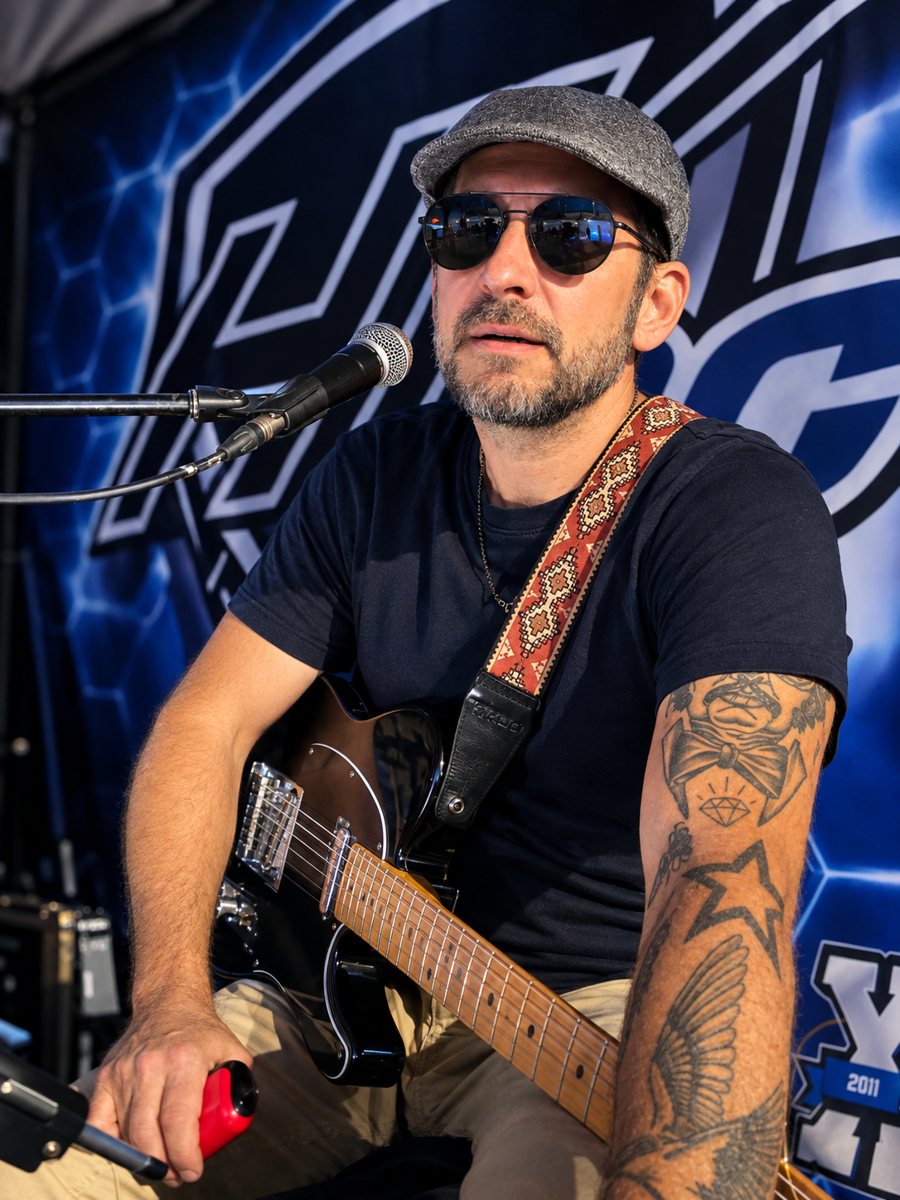 Jervais sur scène avec sa guitare électrique, casquette et lunettes fumées